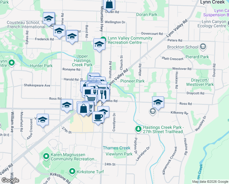 map of restaurants, bars, coffee shops, grocery stores, and more near 1385 Draycott Road in North Vancouver