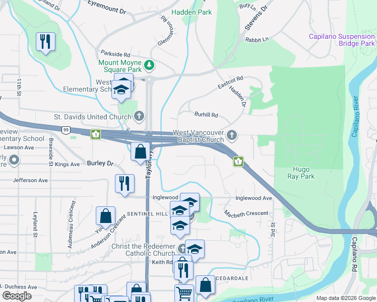 map of restaurants, bars, coffee shops, grocery stores, and more near 539 Newcroft Place in West Vancouver