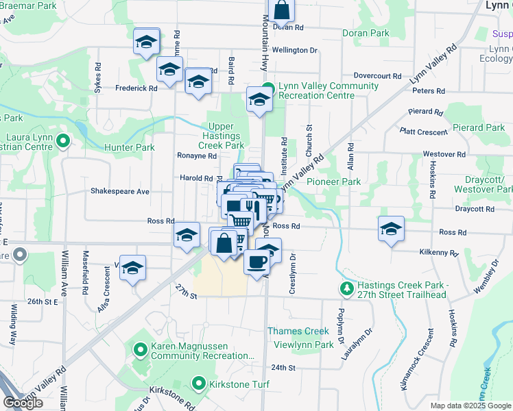 map of restaurants, bars, coffee shops, grocery stores, and more near 1246 Lynn Valley Road in North Vancouver