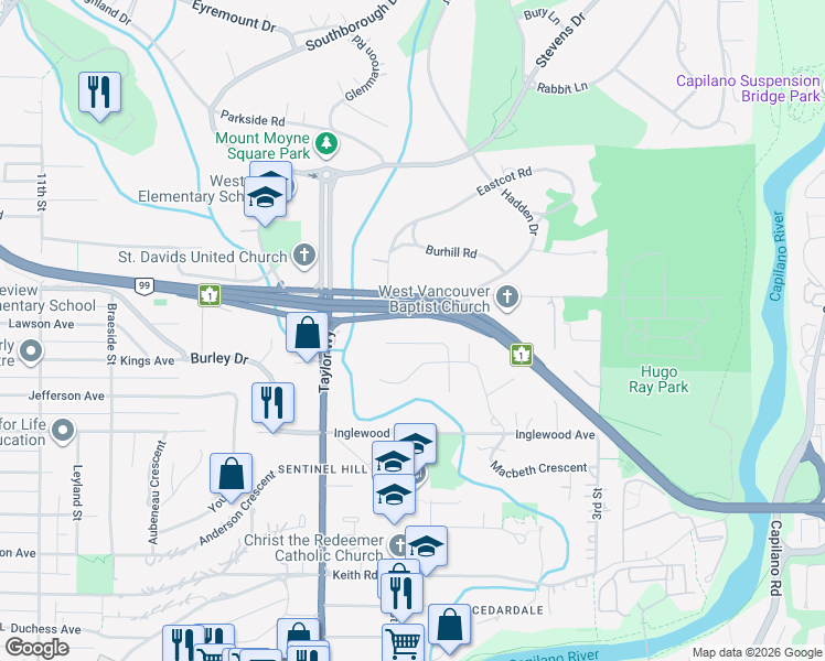 map of restaurants, bars, coffee shops, grocery stores, and more near 539 Newcroft Place in West Vancouver