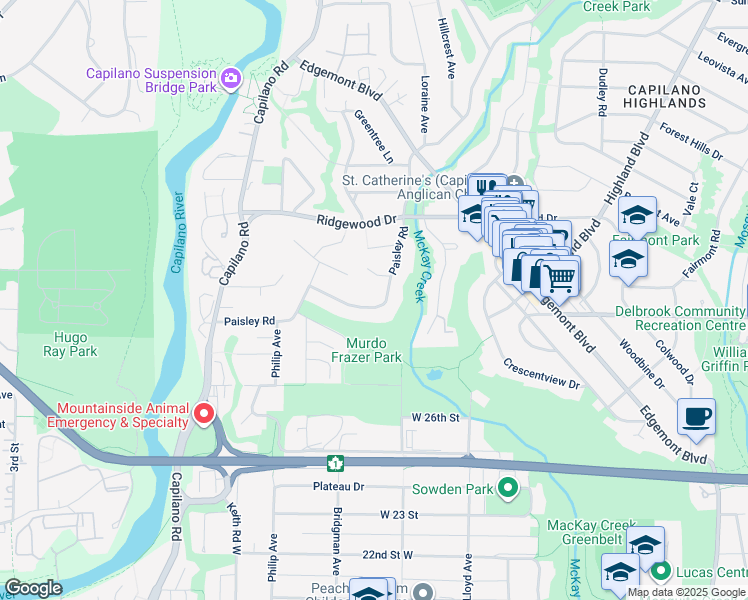 map of restaurants, bars, coffee shops, grocery stores, and more near 3084 Paisley Road in North Vancouver