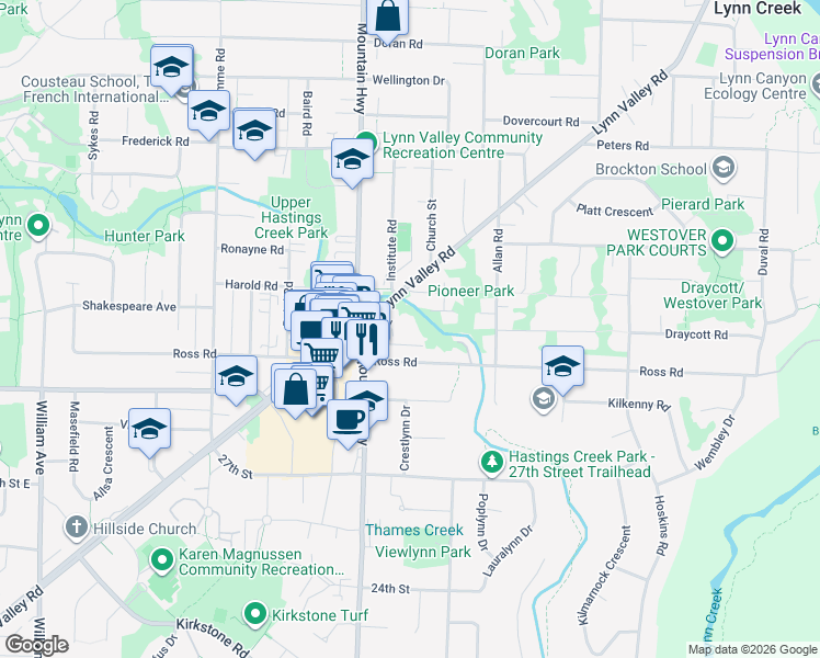 map of restaurants, bars, coffee shops, grocery stores, and more near in North Vancouver