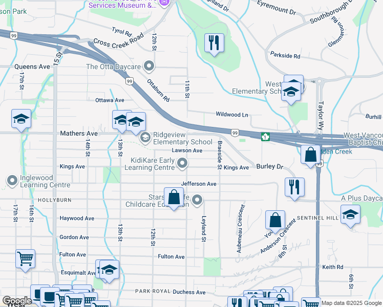 map of restaurants, bars, coffee shops, grocery stores, and more near 1376 11th Street in West Vancouver