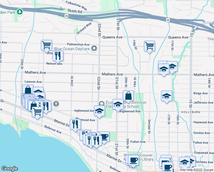 map of restaurants, bars, coffee shops, grocery stores, and more near Esplanade West in Vancouver