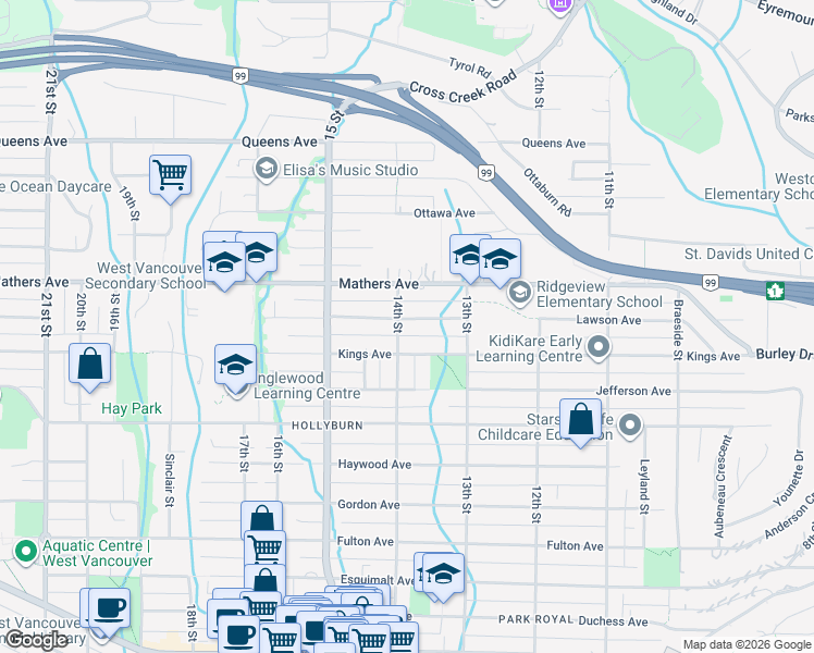 map of restaurants, bars, coffee shops, grocery stores, and more near 1398 Lawson Avenue in West Vancouver