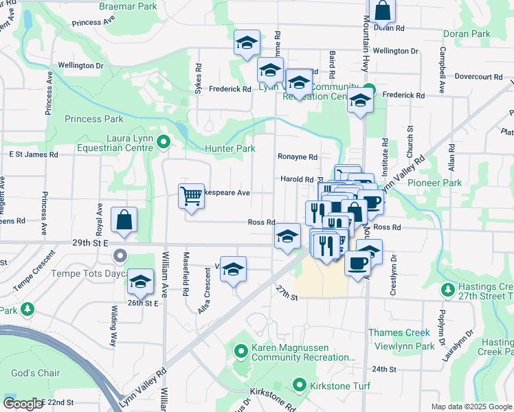 map of restaurants, bars, coffee shops, grocery stores, and more near 3044 Chaucer Avenue in North Vancouver