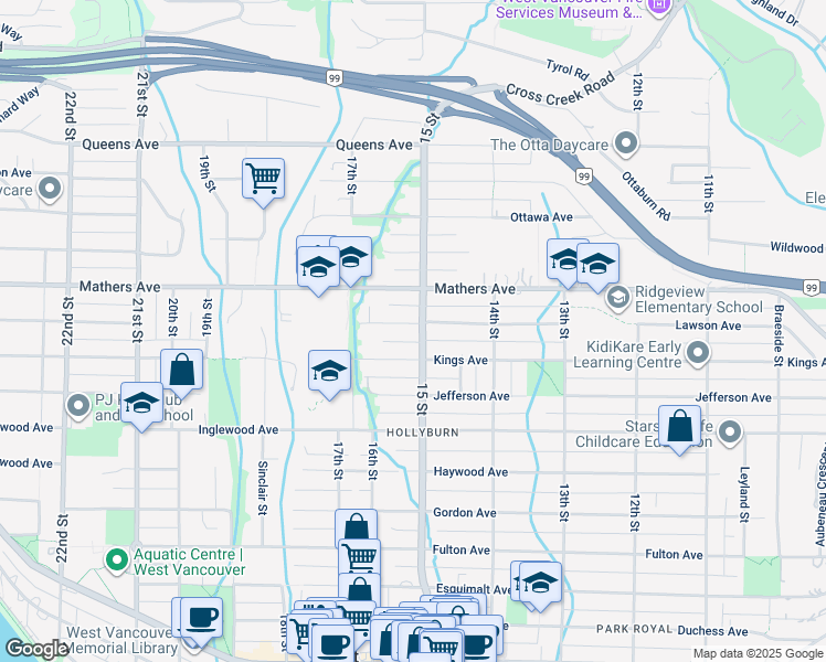 map of restaurants, bars, coffee shops, grocery stores, and more near 1520 Lawson Avenue in West Vancouver