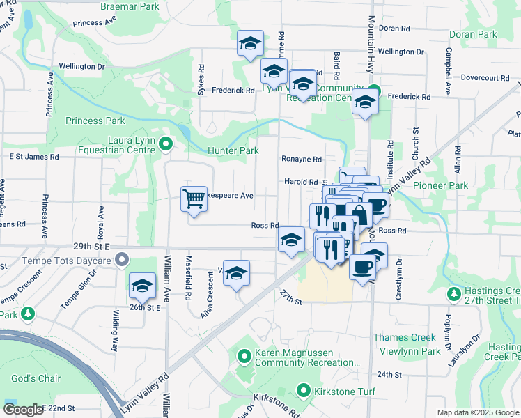 map of restaurants, bars, coffee shops, grocery stores, and more near 3044 Chaucer Avenue in North Vancouver