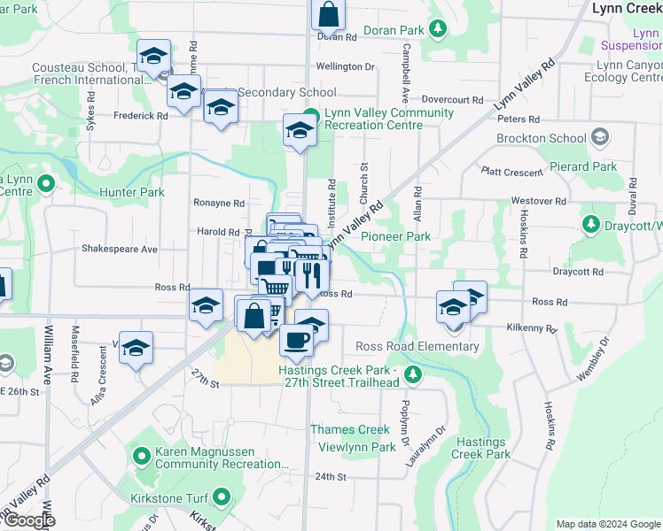 map of restaurants, bars, coffee shops, grocery stores, and more near 1385 Draycott Road in North Vancouver