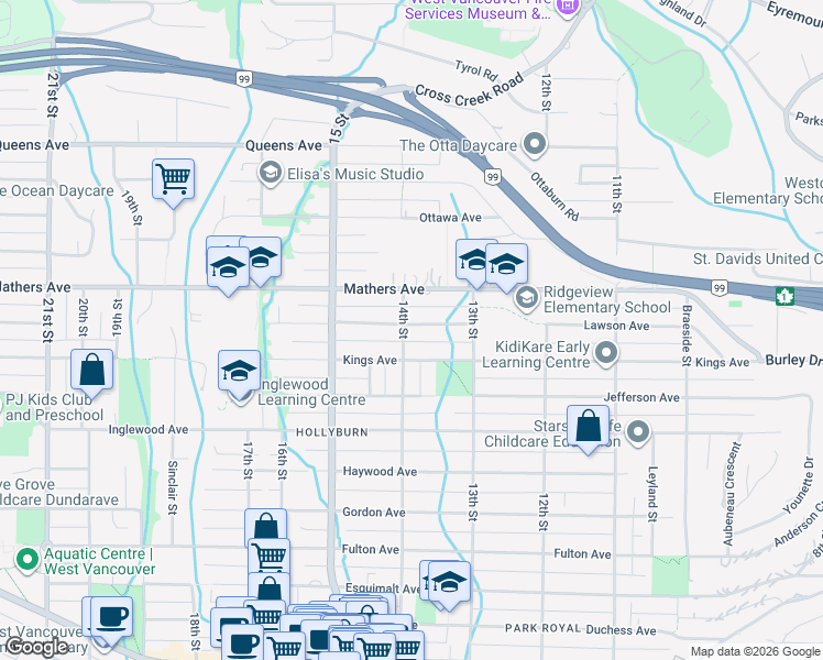 map of restaurants, bars, coffee shops, grocery stores, and more near 1398 Lawson Avenue in West Vancouver
