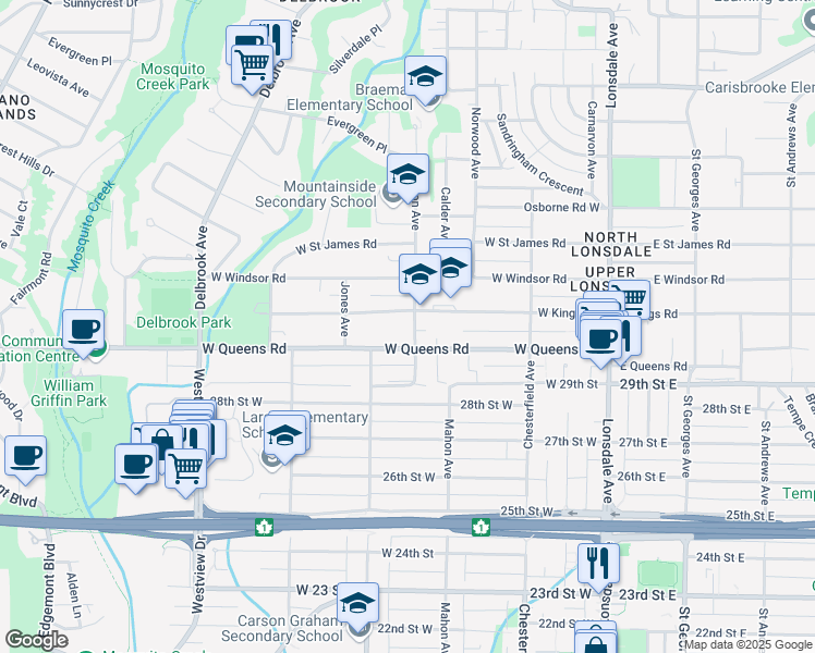 map of restaurants, bars, coffee shops, grocery stores, and more near 3063 Mahon Avenue in North Vancouver