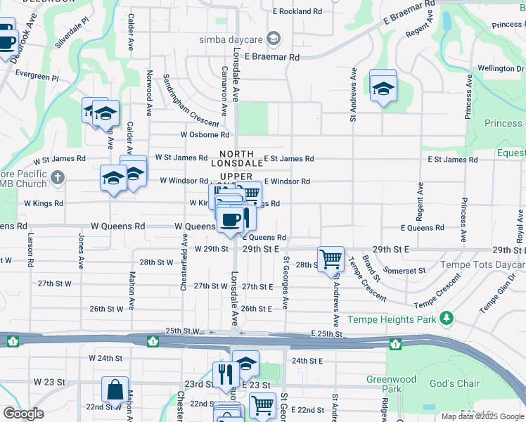 map of restaurants, bars, coffee shops, grocery stores, and more near 151 East Kings Road in North Vancouver