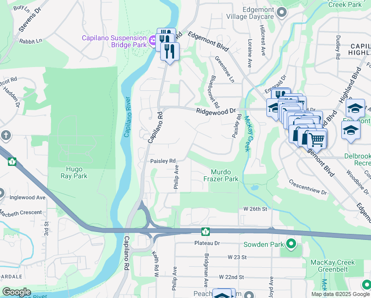 map of restaurants, bars, coffee shops, grocery stores, and more near 2955 Paisley Road in North Vancouver