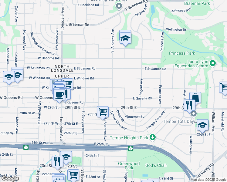 map of restaurants, bars, coffee shops, grocery stores, and more near 3060 Saint Andrews Avenue in North Vancouver
