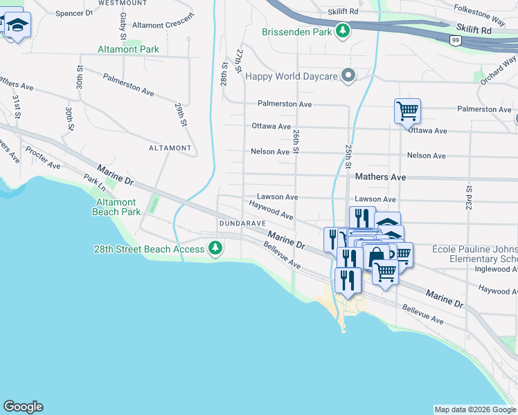 map of restaurants, bars, coffee shops, grocery stores, and more near 2668 Haywood Avenue in West Vancouver