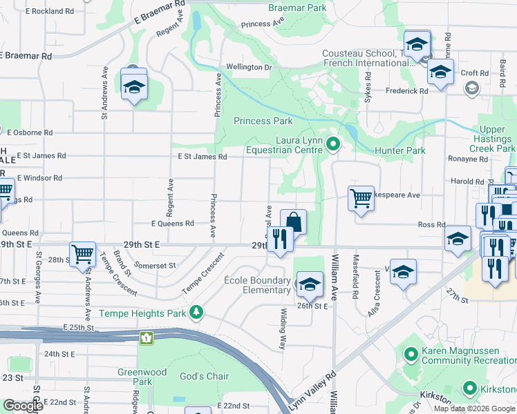 map of restaurants, bars, coffee shops, grocery stores, and more near 3091 Royal Avenue in North Vancouver