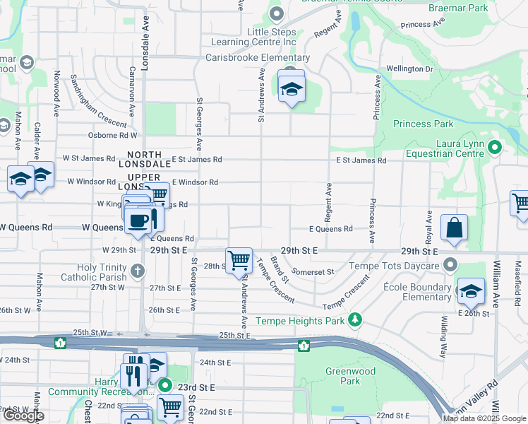 map of restaurants, bars, coffee shops, grocery stores, and more near 3060 Saint Andrews Avenue in North Vancouver