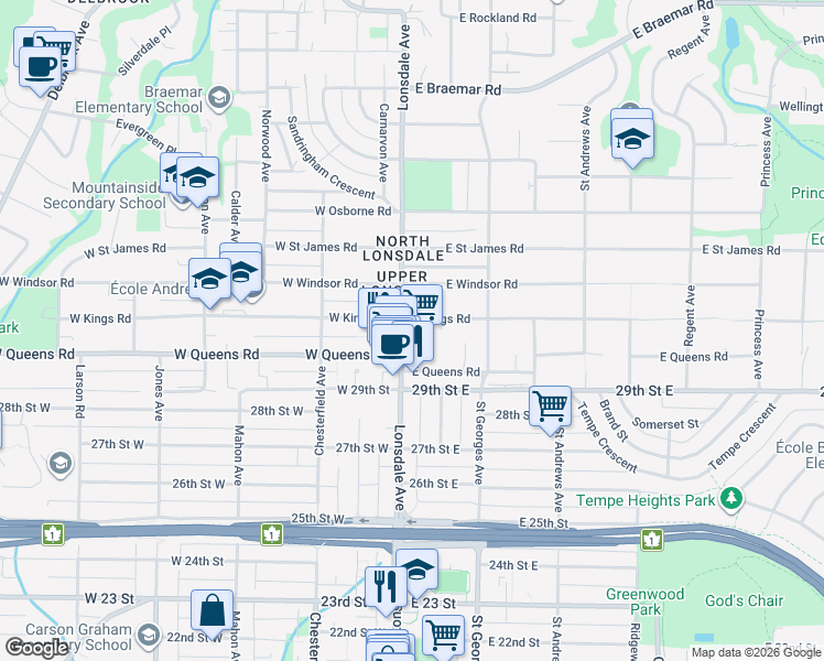 map of restaurants, bars, coffee shops, grocery stores, and more near 3080 Lonsdale Avenue in North Vancouver