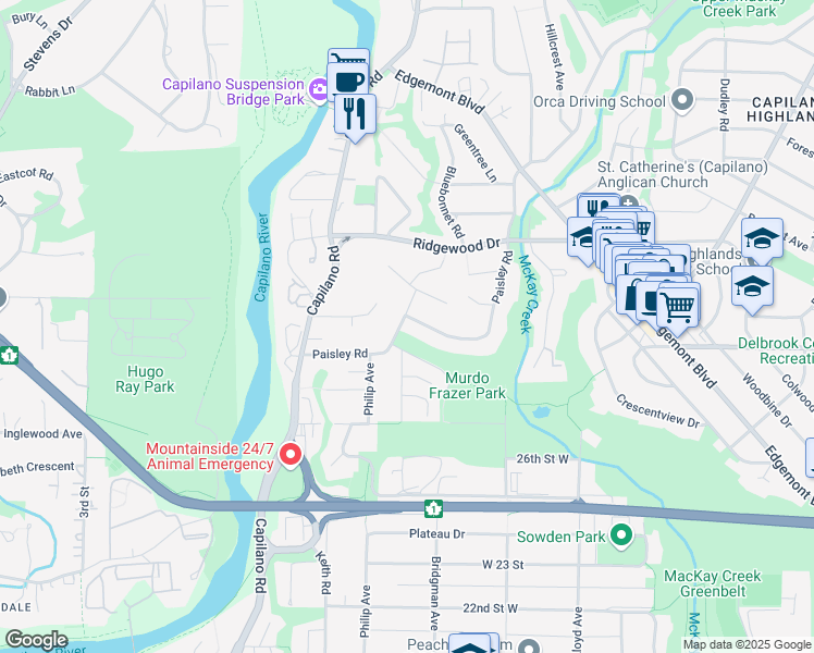 map of restaurants, bars, coffee shops, grocery stores, and more near 3001 Paisley Road in North Vancouver