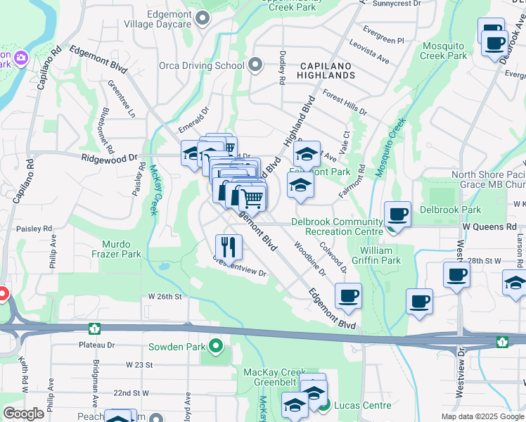 map of restaurants, bars, coffee shops, grocery stores, and more near 3041 Woodbine Drive in North Vancouver