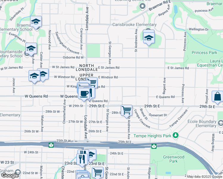 map of restaurants, bars, coffee shops, grocery stores, and more near 3064 Saint Georges Avenue in North Vancouver