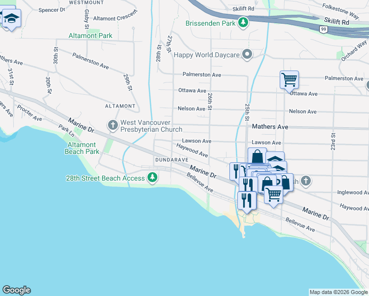 map of restaurants, bars, coffee shops, grocery stores, and more near 2668 Haywood Avenue in West Vancouver