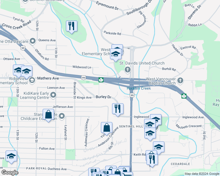 map of restaurants, bars, coffee shops, grocery stores, and more near 820 Mathers Avenue in West Vancouver