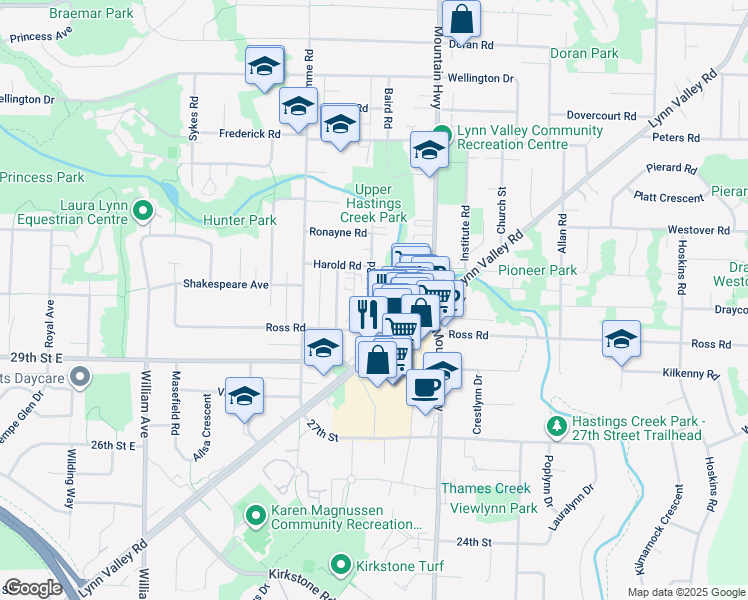 map of restaurants, bars, coffee shops, grocery stores, and more near 3058 Baird Road in North Vancouver