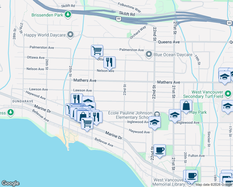 map of restaurants, bars, coffee shops, grocery stores, and more near 2322 Lawson Avenue in West Vancouver