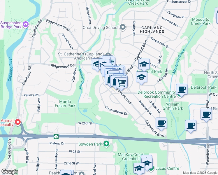 map of restaurants, bars, coffee shops, grocery stores, and more near 3045 Highland Boulevard in North Vancouver
