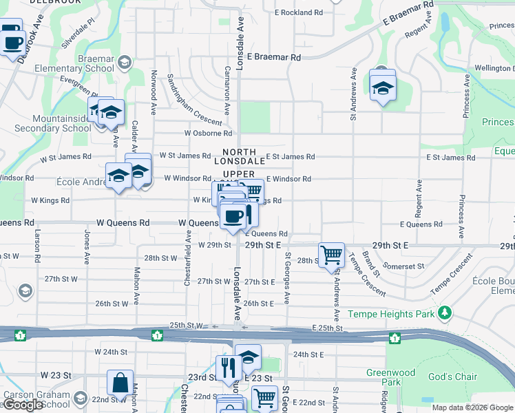 map of restaurants, bars, coffee shops, grocery stores, and more near 131 East Kings Road in North Vancouver