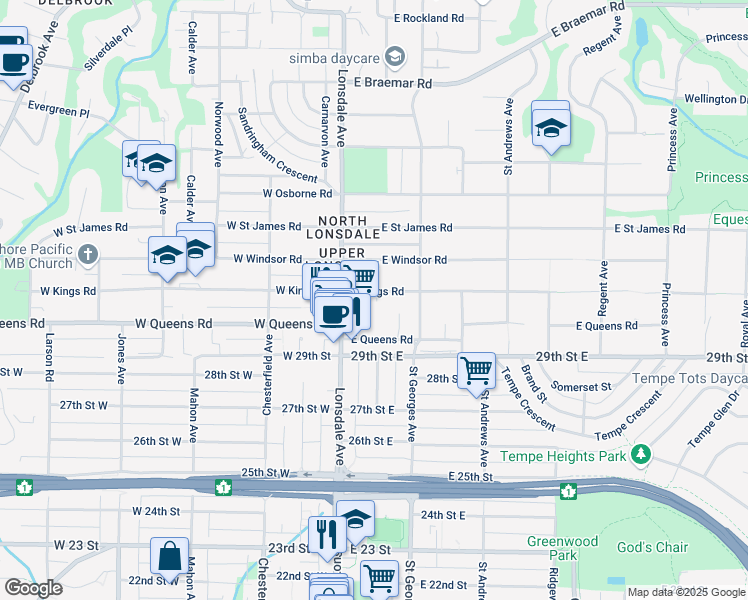 map of restaurants, bars, coffee shops, grocery stores, and more near 145 East Kings Road in North Vancouver