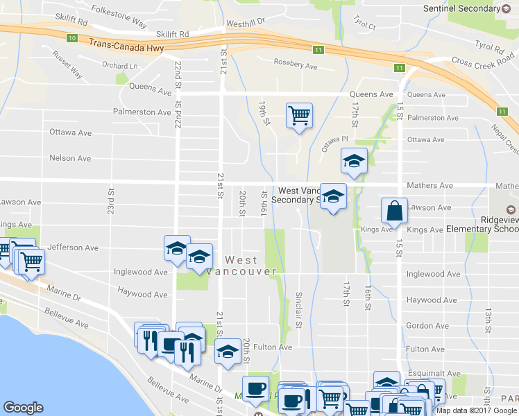 map of restaurants, bars, coffee shops, grocery stores, and more near 1385 19th Street in West Vancouver