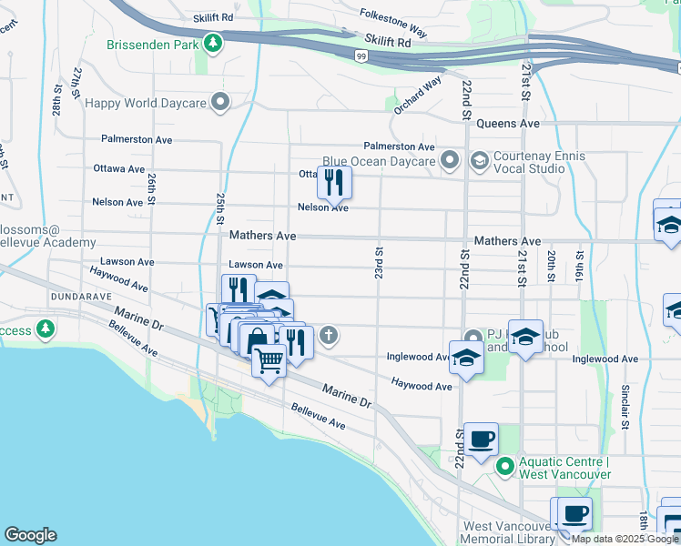 map of restaurants, bars, coffee shops, grocery stores, and more near 2342 Lawson Avenue in West Vancouver
