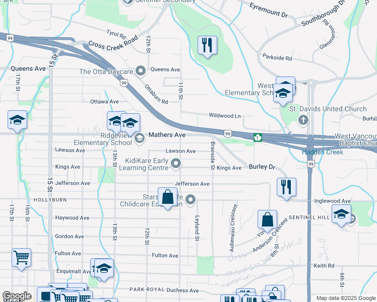 map of restaurants, bars, coffee shops, grocery stores, and more near 1075 Lawson Ave in Greater Vancouver Regional District