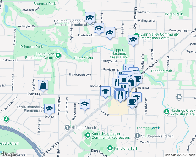 map of restaurants, bars, coffee shops, grocery stores, and more near in North Vancouver