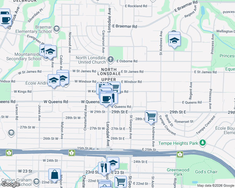 map of restaurants, bars, coffee shops, grocery stores, and more near 131 East Kings Road in North Vancouver