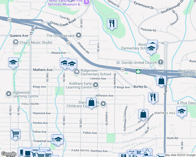 map of restaurants, bars, coffee shops, grocery stores, and more near Lawson Avenue in West Vancouver