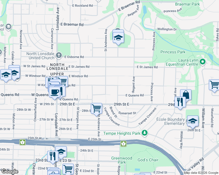 map of restaurants, bars, coffee shops, grocery stores, and more near 431 East Kings Road in North Vancouver
