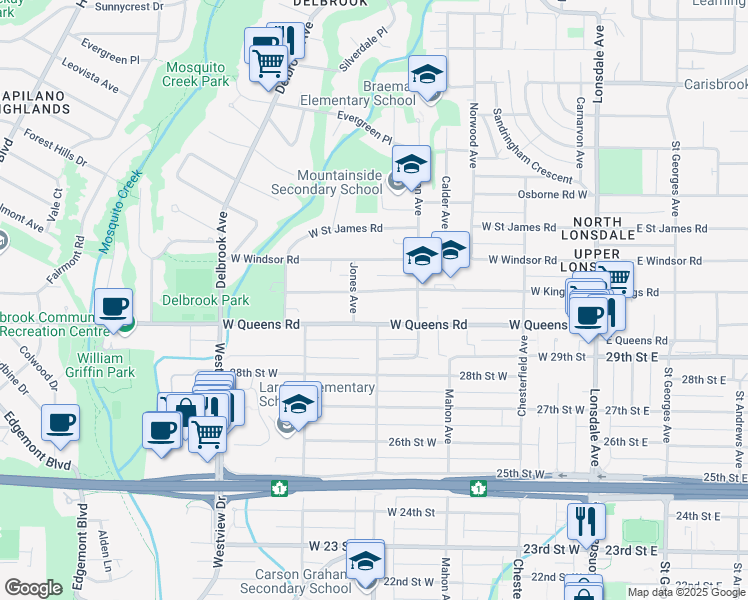 map of restaurants, bars, coffee shops, grocery stores, and more near 467 West Kings Road in North Vancouver