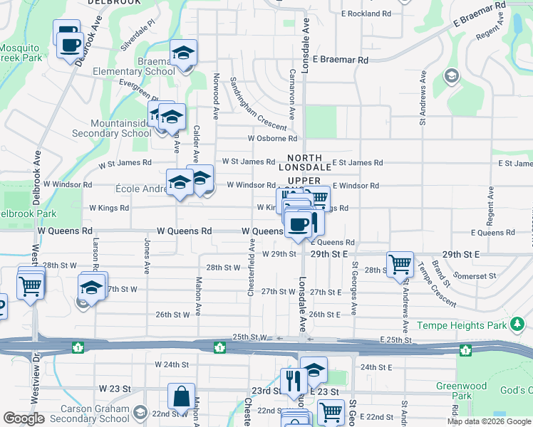 map of restaurants, bars, coffee shops, grocery stores, and more near 171 West Kings Road in North Vancouver