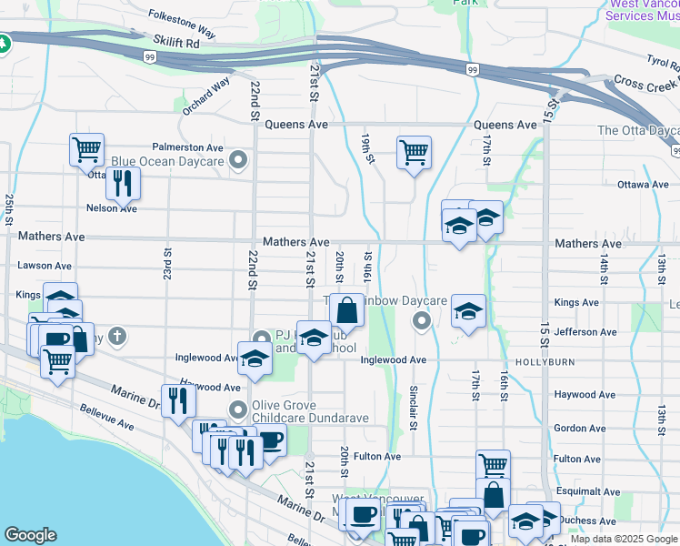 map of restaurants, bars, coffee shops, grocery stores, and more near 1428 20th Street West in North Vancouver