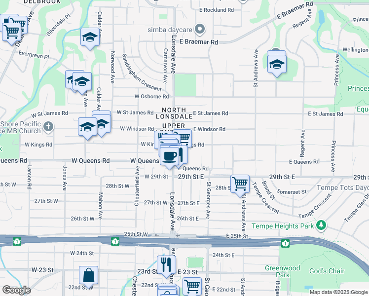 map of restaurants, bars, coffee shops, grocery stores, and more near 123 East Kings Road in North Vancouver