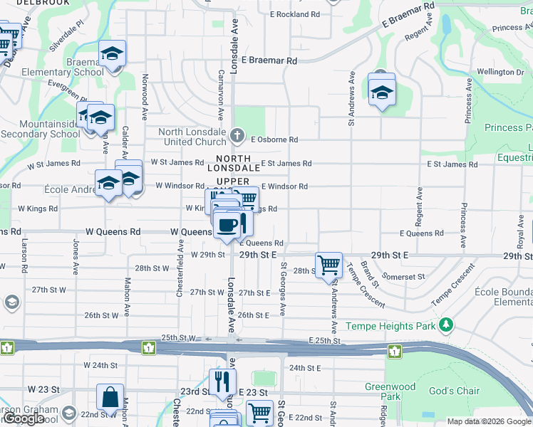 map of restaurants, bars, coffee shops, grocery stores, and more near 163 East Kings Road in North Vancouver