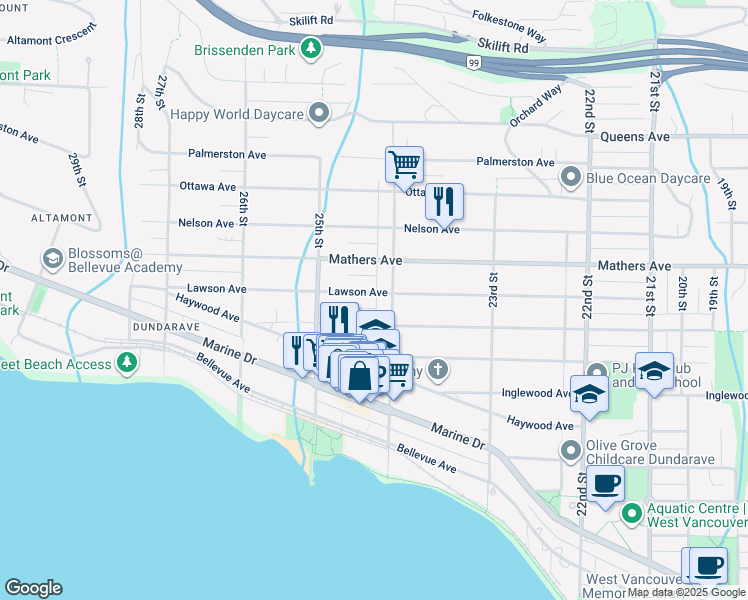 map of restaurants, bars, coffee shops, grocery stores, and more near 2426 Lawson Avenue in West Vancouver