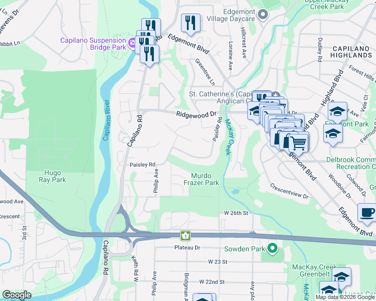 map of restaurants, bars, coffee shops, grocery stores, and more near 3040 Paisley Road in North Vancouver