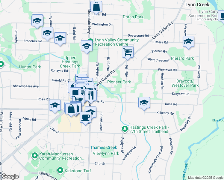 map of restaurants, bars, coffee shops, grocery stores, and more near 1430 Draycott Road in North Vancouver