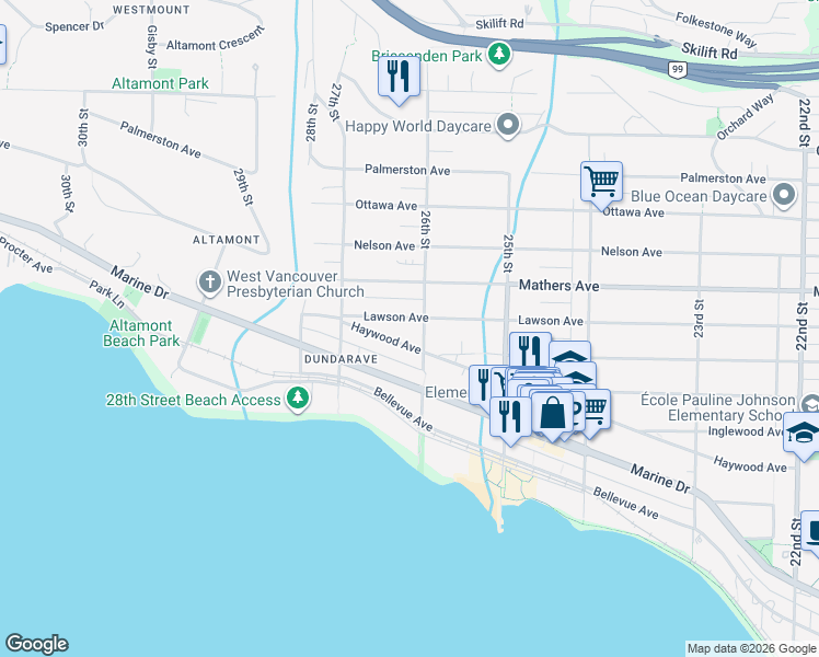map of restaurants, bars, coffee shops, grocery stores, and more near 2618 Lawson Avenue in West Vancouver