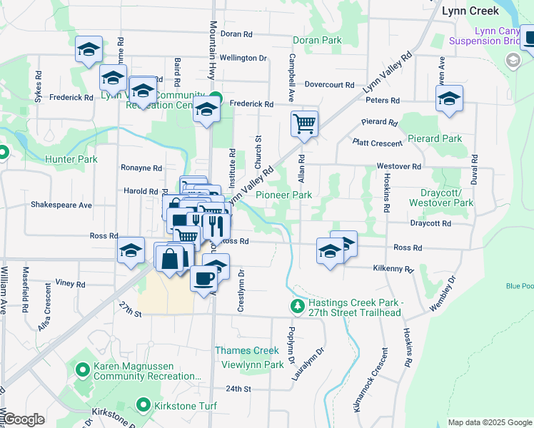map of restaurants, bars, coffee shops, grocery stores, and more near 1430 Draycott Road in North Vancouver