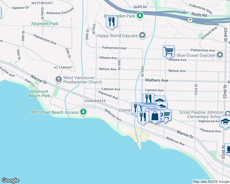 map of restaurants, bars, coffee shops, grocery stores, and more near 2618 Lawson Avenue in West Vancouver